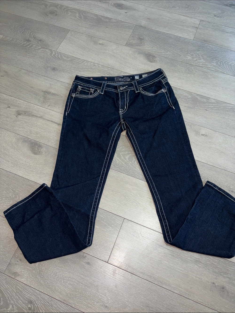 Miss Me Dark Blue Boot Cut Jeans with Contrast Stitching